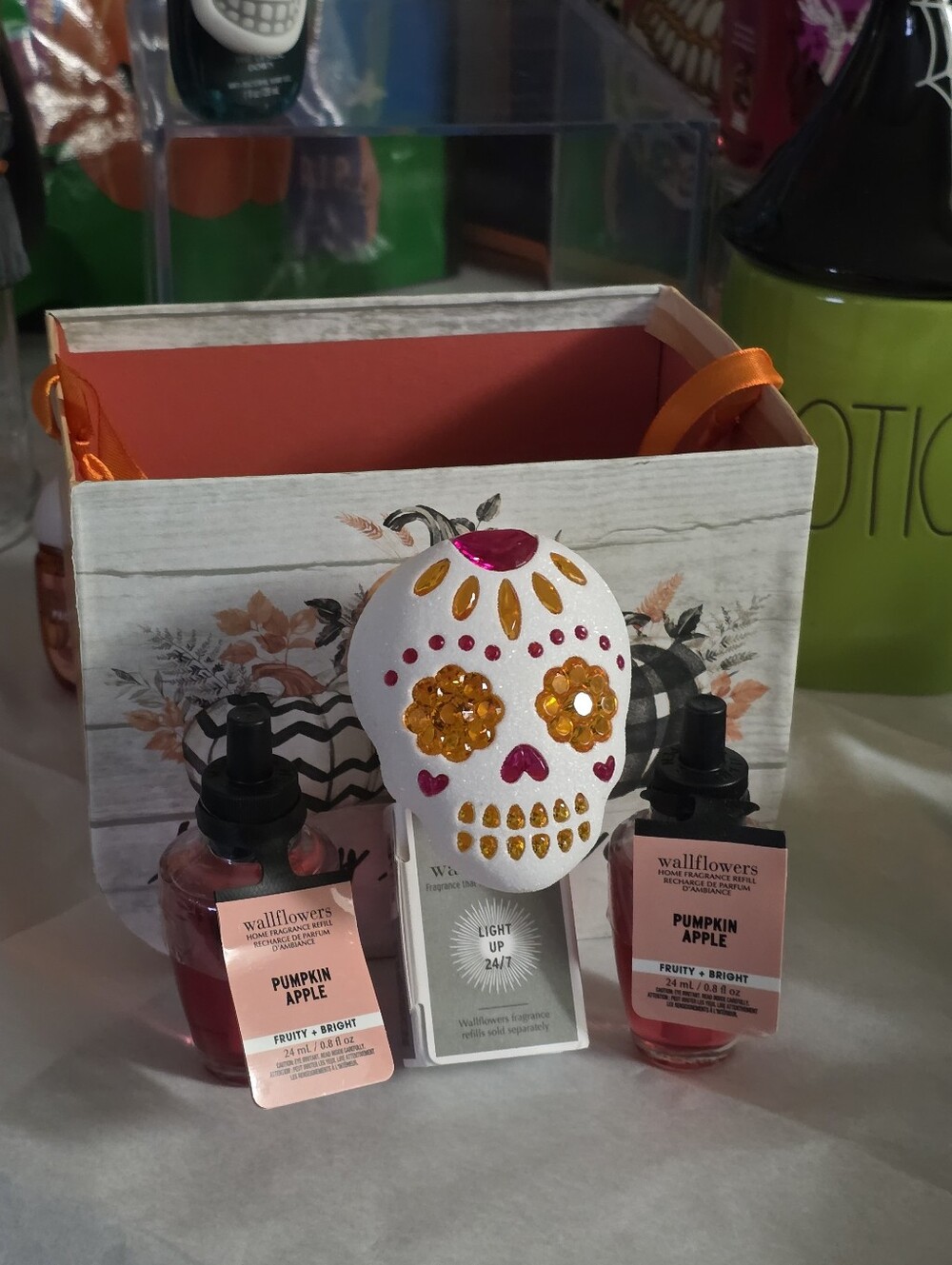 BBW Sugarskull Light Up Wallflower + Pumpkin Apple in Halloween Treat Basket